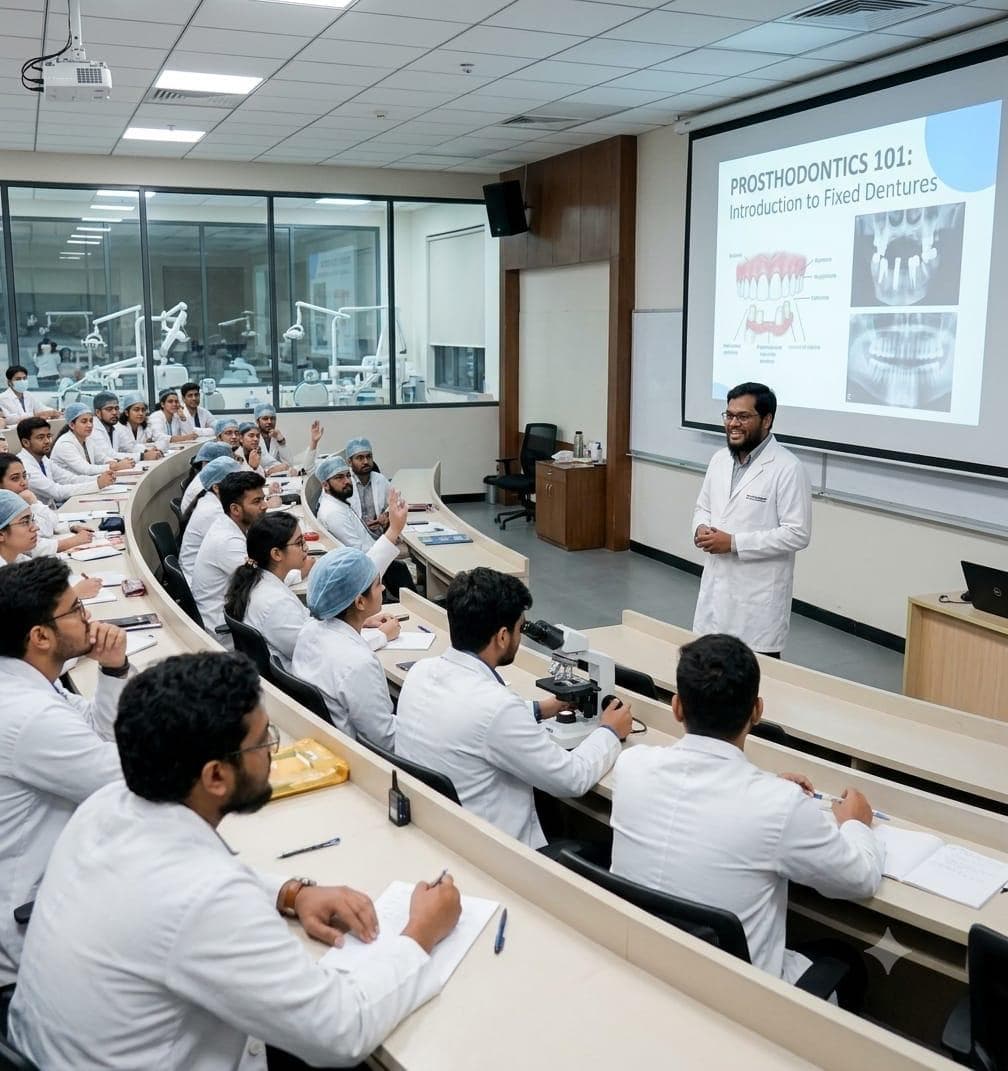 Dr. Md. Miftah Ur Rahman conducting a prosthodontics seminar for dental students at the Department of Prosthodontics, SB Patil Dental College & Hospital